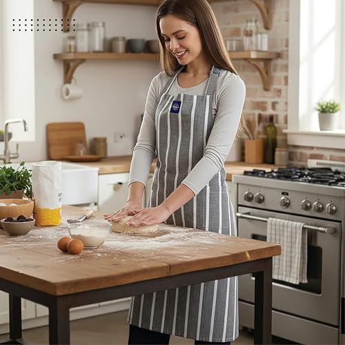 Image of Encasa XO 100% Cotton Apron Set for Women & Men with Adjustable Apron, Oven Gloves & Pot Holder (Pack of 3) Combo, Heat-Resistant, Soft & Durable for Cooking, Baking & Grilling (Roma Grey Stripes)