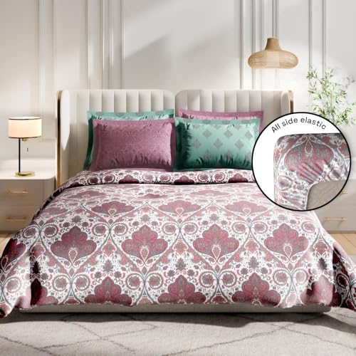 Image of Wakefit Cotton Fitted Bedsheet | 300 TC Elastic Fitted Sheet, Queen Bed Bedsheet with 2 Pillow Covers | Scarlet - 75x60 inches