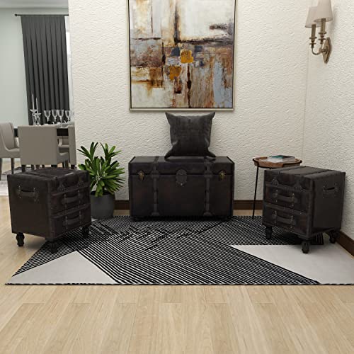 Deco 79 Wood Vintage Faux Leather 4 Drawer Bench With Faux Leather Straps And Studs, Set Of 3 37", 16", 16"W, Brown #TOP5