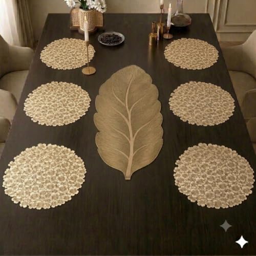 Image of Dakshya Industries Dining Table Mats Round PVC Set | 6 Waterproof Placemats (38 x 38 cm) + 1 Table Runner (91 x 33 cm) | Heat Resistant, Kitchen Decor (Ornatique)