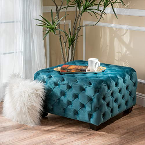 Great Deal Furniture Provence Modern Glam Button Tufted Velvet Ottoman, Dark Teal And Dark Brown #TOP1