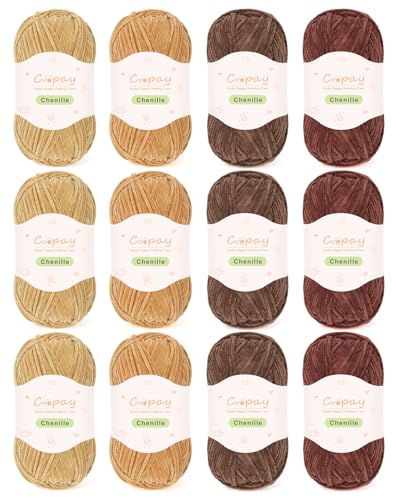 Image of Coopay Skinny Chenille Yarn for Crocheting and Knitting, 12 Pack of 50g /1.76oz - 1764yd Total, Soft Velvet Yarn of Baby Weights - Suitable for Baby Blankets, Plush Toys - Super Soft (Brown Gradient)