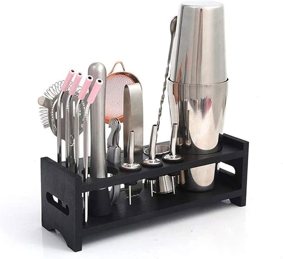 Kit de Coctelería con Soporte de Bambú, 15 Piezas, Acero Inoxidable