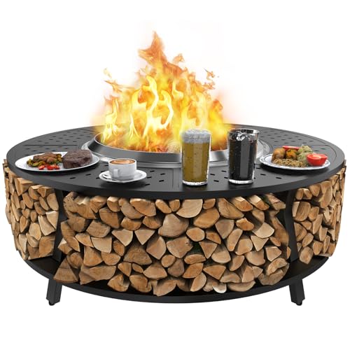 Uniflasy 48' Fire Pit Surround Tabletop for Solo Stove Yukon, Bonfire & Tiki, Portable Protective Barrier Equal Width Design with Firewood Storage Shelf for Safety & Extra Space, Outdoor FirePit Table