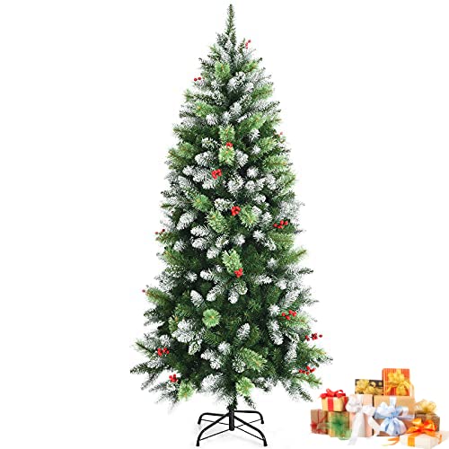GYMAX 4FT/5FT/6FT Christmas Tree, Premium Hinged Artificial Tree with Snow Pine Needle, Red Berries & Metal Base, Xmas Traditional Decoration for Indoor and Outdoor Décor (5FT/475Tips)