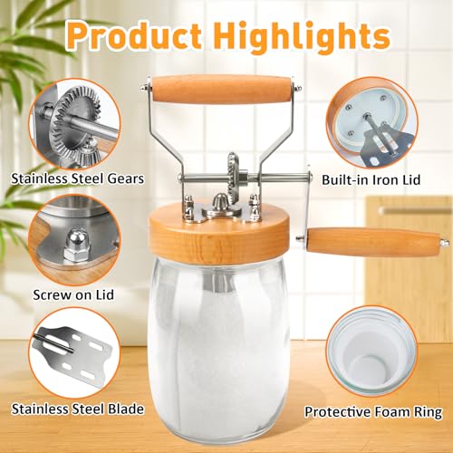 Image of TeeMars Butter Churner - Upgraded Hand Crank Mason Jar Churn Kit, 34oz Manual Maker with 14 Recipe, Paddle, Mold with Lid, Cheese Cloth & Anti-slip Mat, Homemade Butter in 15Min