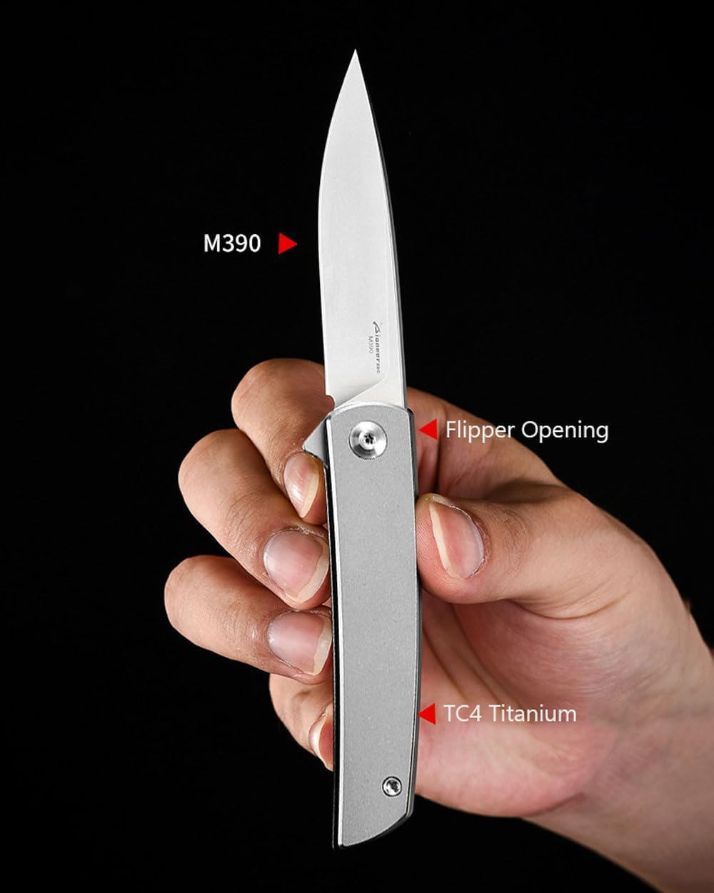 PioneerEDC MT0374 Folding Pocket Knife, 2.91 Inch M390 Drop Point Blade, TC4 Titanium Handle, Slipjoint Non-Locking, EDC, 2 Oz (Grey Stonewashed Titanium)