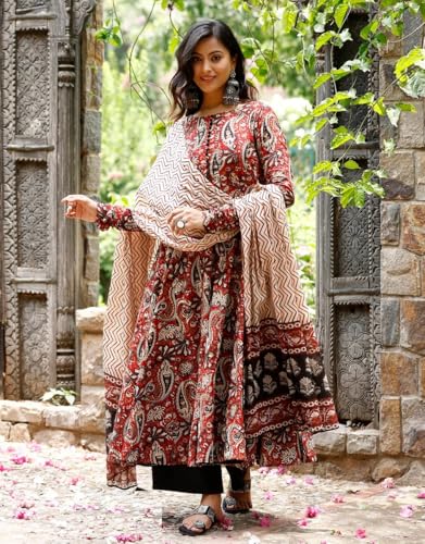 Nermosa Women Printed Anarkali Kurta and Pant Set with Dupatta (in, Alpha, L, Maroon)