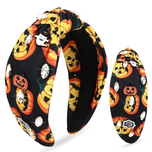YARIEW Halloween Knotted Headbands for Women Pumpkin Rhinestone Ghost Headband for Women Fashion Headband Hair Accessories Halloween Birthday Gift Orange