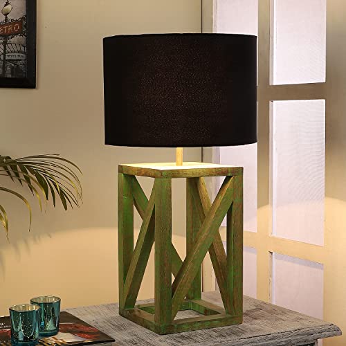 Image of tu casa Handcrafted Mango Wood Table Lamp with Pleated Off-White Cotton Fabric Shade | Elegant Bedside Night Lamp for Bedroom & Living Room