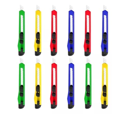 Estilete Plástico 9mm Estreito - Kit com 12 Unidades - Cores Variadas - Trava de Segurança - Uso Pro