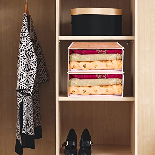 Image of PRETTY KRAFTS Stackable Fabric Saree Storage Organizer for wardrobe, Clear front window with Lid, Stackable organizers, Perfect to organize sarees in a wardrobe, Set of 2, Jute OrangeGrey