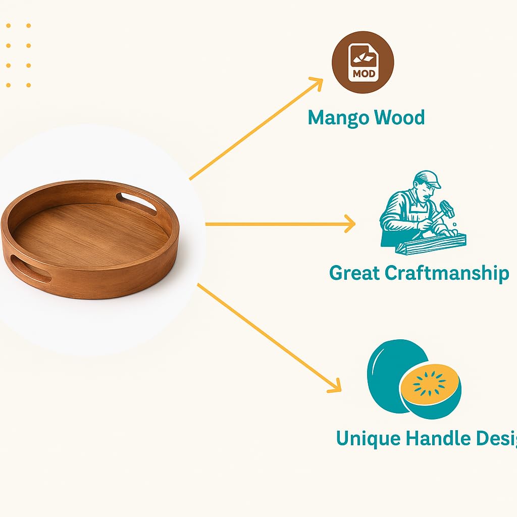 Craft Expertise Round Wooden Serving Tray - 11x11 Inches, Decorative Rustic Brown Mango Wood Platter with Handles - Handmade Home Décor Tray for Coffee Table, Kitchen (Pack-1) 4