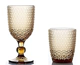  ( NON SOLO ACQUA E VINO ) : Bicchieri e calici non solo per acqua e vino , bensì li possiamo impiegare per servire cocktail , o per deliziare il palato con gustosi dessert al bicchiere , gelati e  semifreddi monodose al bicchiere o in calice . la lavorazione in rilievo ad 