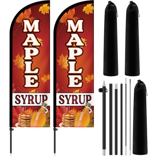 Image of Remagr 2 Pack Maple Syrup Feather Flag 7 ft Advertising Swooper Flag Sign Windless Maple Syrup Banner with Pole Kit and Ground Stake for Businesses Restaurants Outside Ground