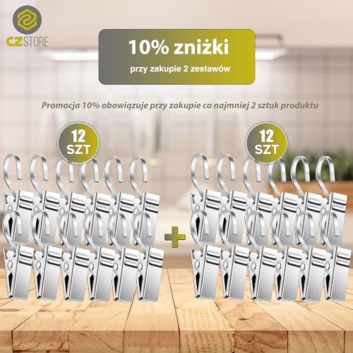 CZ Store® - Klipsy do zasłon | Zestaw 12 szt. | ✮✮DOŻYWOTNIA GWARANCJA✮✮ | Klipsy z haczykiem do zasłon prysznicowych, firan i karniszy | Nierdzewne klipsy ze stali nierdzewnej