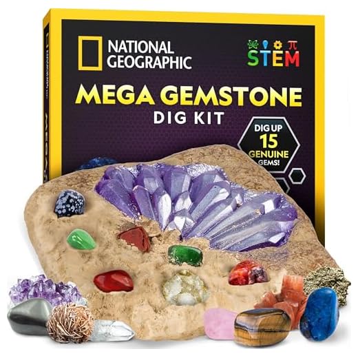 NATIONAL GEOGRAPHIC Mega Gemstone Dig Kit – Dig Up 15 Real Gemstones and Crystals, STEM Activities for Kids, Gem Mining Kit, Great Educational Science Gift for Girls and Boys (AMAZON EXCLUSIVE)