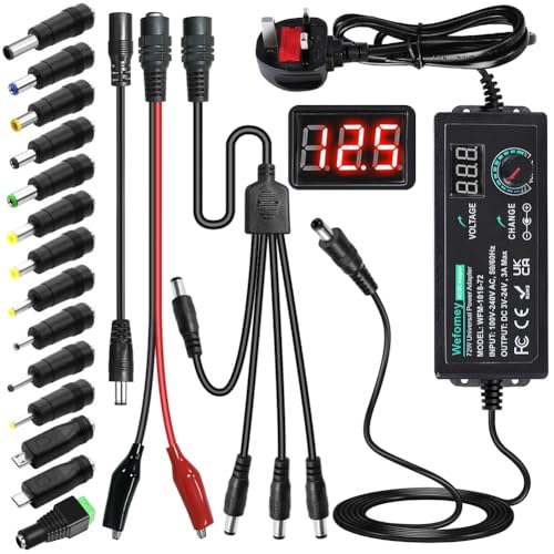 Universal Power Supply 3V~24V 3A 72W Adjustable Variable 3V 5V 9V 12V 18V 20V 24V AC/DC Adapter Charger, 100V-240V AC to DC Converter with 14 Tips, Polarity Converter and 4-Way Power Splitter Cable