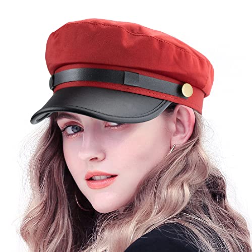 Women Classic Yacht Captain Sailor Hat Newsboy Cabbie Beret Cap (S-M) (Red) #TOP1
