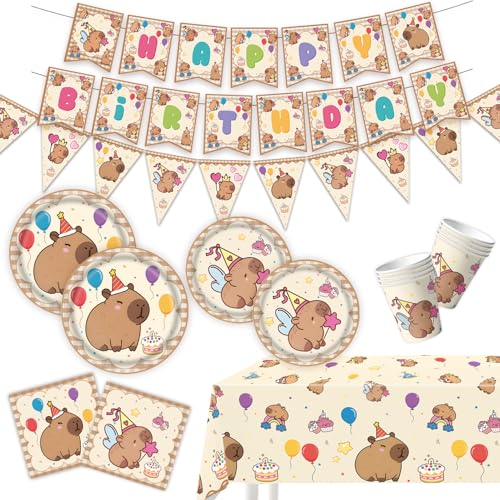 52 piezas de vajilla de fiesta Capybara, juego de vajilla de cumpleaños de Capybara, plato, taza, servilleta, mantel, tirando de bandera, decoración de cumpleaños, juego de vajilla de papel, 10