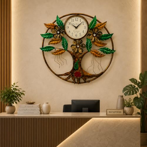 Image of STREET CRAFT - Multicolor Tree of Life Metal Wall Decor with Clock Handpainted Iron Floral Leaf Wall Art for Living Room Bedroom Home Decoration (25 x 25 Inch)