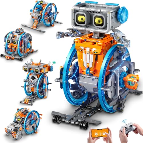 HiWEEGO RC Robot Toys with Changeable LED Eyes & Sound, App & Remote Control Rechargeable Robotics with Unqiue Wheel Design 5-in-1 Model Kit Gift for...