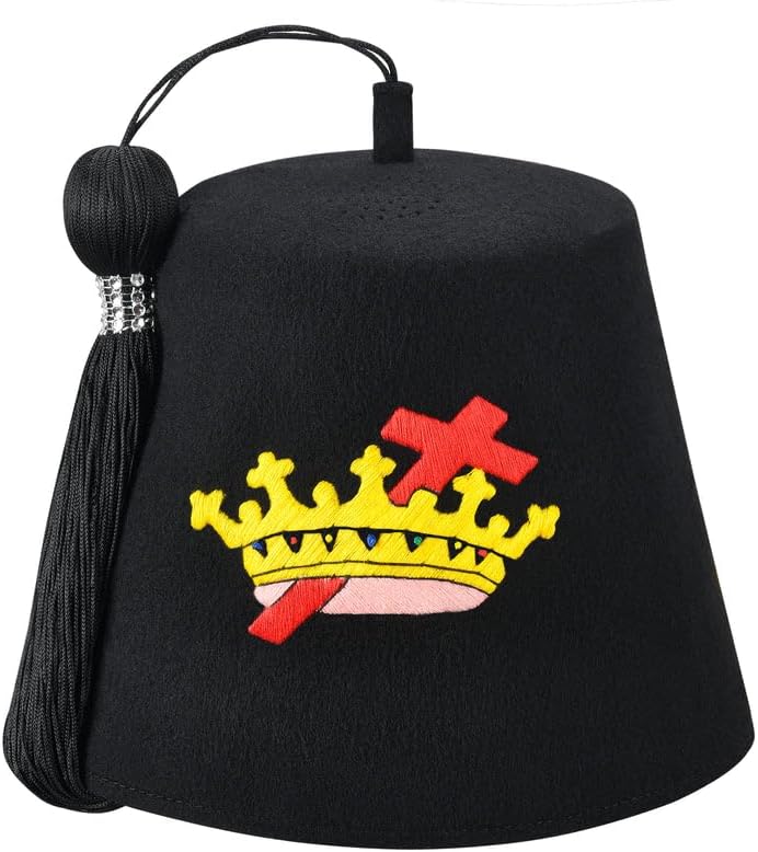 BRICKS MASONS Knights Templar Fez Hat-Red & Gold Emblem (Rhinestones Option) Jewel Rows 1