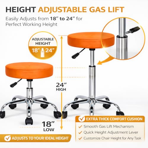 Image of NGFC Chrome Base Adjustable Swivel Stool | 15-Inch Cushioned Seat - Orange | Height Adjustable with 360 Swivel | Smooth Casters | Stylish & Durable Stool for Home, Office, Salon, Clinic, or Bar Use