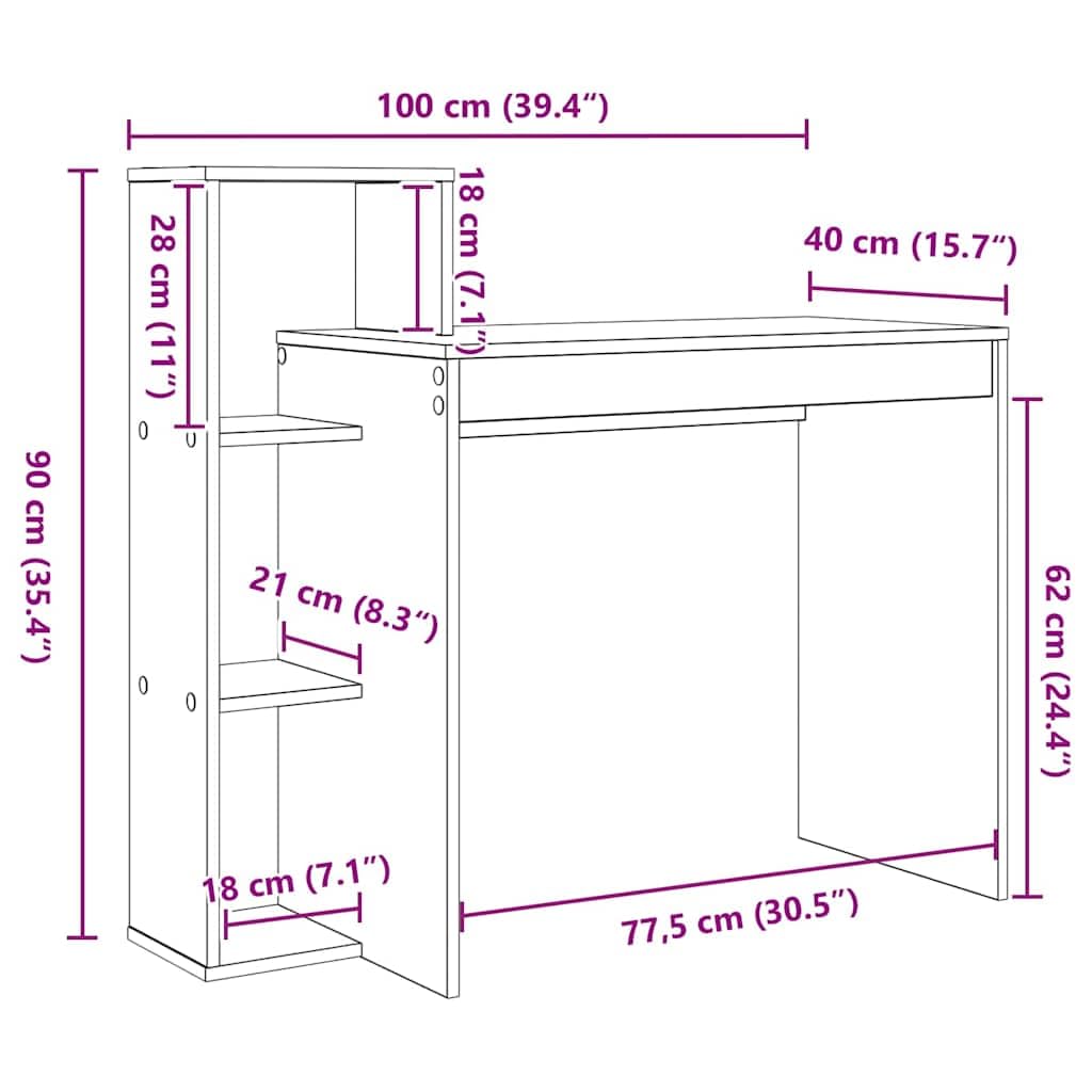 Schreibtisch Sonoma-Eiche aus Holzwerkstoff 100 x 40 x 90 cm mit 2 Regalen moderner Computer- und Homeoffice-Tisch ideal für kleine Räume und Büroorganisation