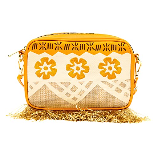 Image of Disney Bag, Horizontal Crossbody, Moana Embroidered Skirt Pattern with Hei Hei and Pua Pose, Raffia Straw