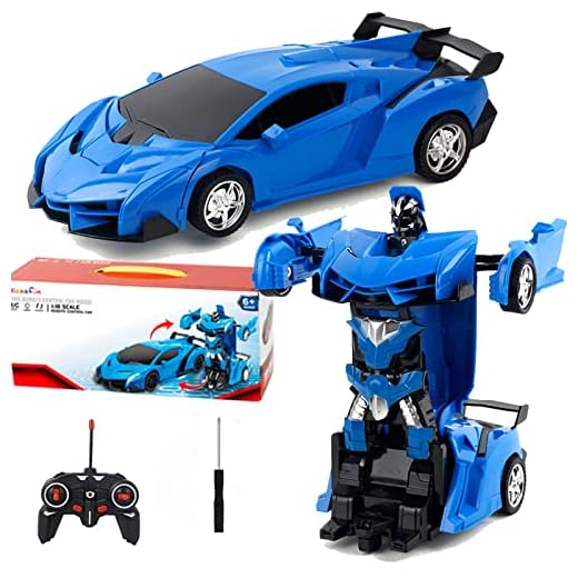 Kizeefun Remote Control Car, Rechargeable Transformable Remote Control Car for Boys and Girls with Flashing Lights and 360°Rotation, 1:18 RC Stunt Car for Kids Included 2 Rechargeable Batteries