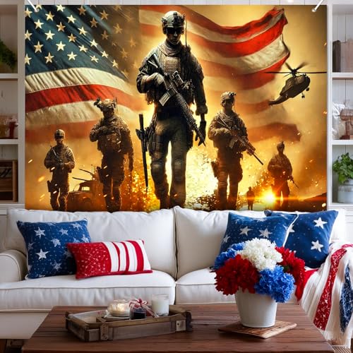 Image of BlissYard 4th of July Backdrop Thank You Veterans Banner 8x6ft Patriotic Soldier American Flag Decorations for Memorial Day Veterans Day Independence Day Party