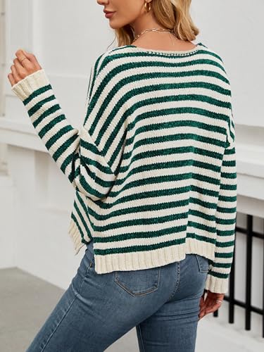 Image of V Neck Sweaters for Women Striped Oversized Pullover Sweaters Drop-Shoulder Side Slit Loose Knit Jumper Tops