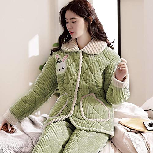 ZHRDRJB Schlafanzug Damen Pyjama Set,Winter DREI-Schicht Verdickung Pyjamas Warm Sweet Grün Flanell Home Anzug Plus Größe Weiche Nachthemden Homewear Kleidung Frauen Pyjamas Sets, 3XL Cover