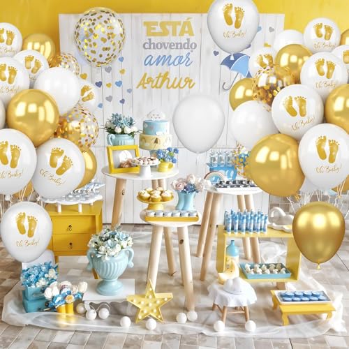 Image of Baby Shower Foot Print Balloons, 30Pcs 12inch Gold White Balloons With Baby Foot Printed Balloon for Neutral Baby Shower Gender Reveal Birthday Wedding Decorations