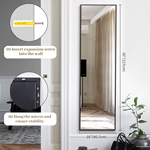 Image of BEAUTYPEAK 16 inch x 50 inch Adjustable Height Over The Door Mirror, Full Length Hanging Door Mirror with Shatterproof Tempered Glass Aluminum Alloy Frame for Bedroom, Living Room, Bathroom, Dorm, Black