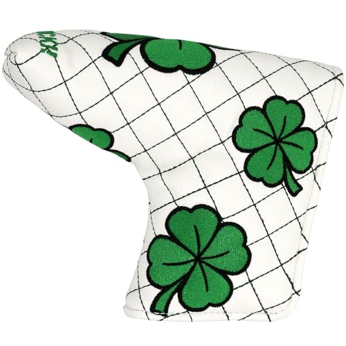 PINMEI Golf Head Covers Blade Putter Cover Blade Headcover Magnetic Embroidered Four-Leaf Clover Design Synthetic Lether Fit for Titleist Callaway Ping Taylormade Cobra Ect. (White Good Luck Blade)