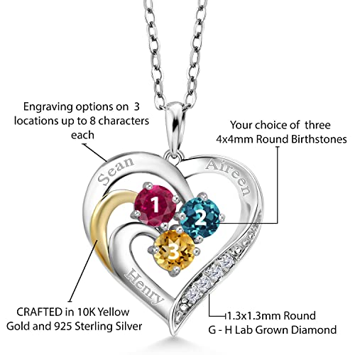 Build Your Own 925 Sterling Silver And 10K Yellow Gold Engraved Customized And Personalized 3-Stone Round Gemstone Birthstone And White Lab Grown Diamond Pendant Necklace For Women With 18 Inch Chain #TOP1