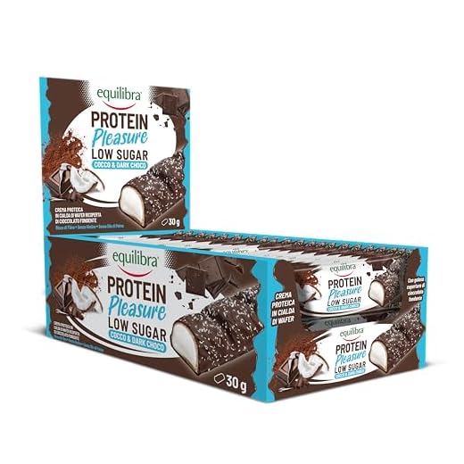 Equilibra Alimenti Proteici, Protein Pleasure Cocco & Dark Choco, Barretta Proteica Ricoperta di Cioccolato, Low Sugar, High Protein, Senza Glutine, Senza Olio di Palma, 20 Barrette da 30 g