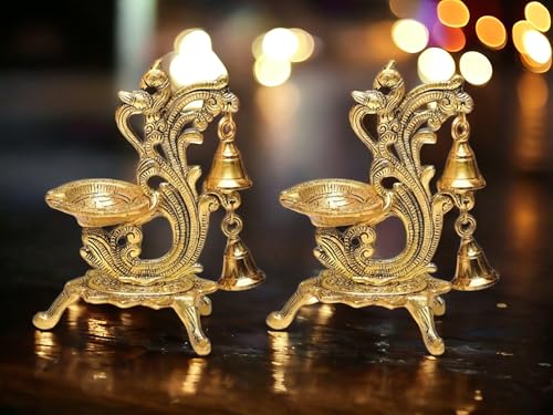 Image of Saudeep India Oxidized Metal Diya for Puja | Peacock Design Oil Diwali Lamp | Antique Akhand Diya for Temple, Home Decor, Pooja Room, Festivals (Gold, 14x9x20cm) (Pack of 2)