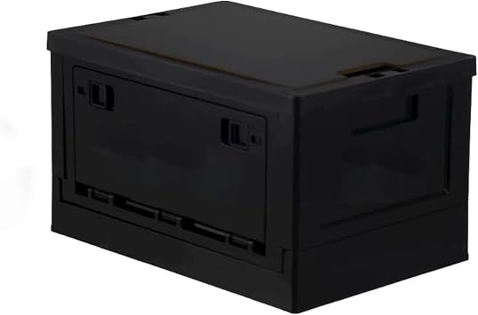 Foldable Plastic Storage Box, Camping Gear Storage Bins, Stackable Organizer for Bedroom, Living Room, And Car TrunkBlack With Wooden Lid,XL