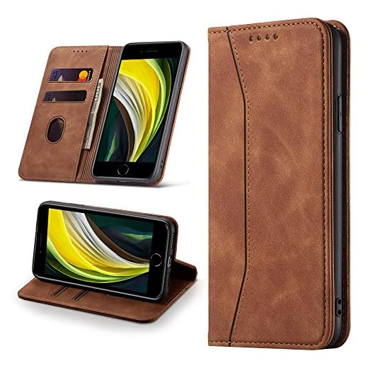 Leaisan Handyhülle für iPhone SE 2022/iPhone SE 2020 Hülle, iPhone 8/iPhone 7 Hülle Premium Leder Flip Klappbare Stoßfeste Magnetische [Standfunktion] [Kartenfächern] Schutzhülle Tasche - Braun