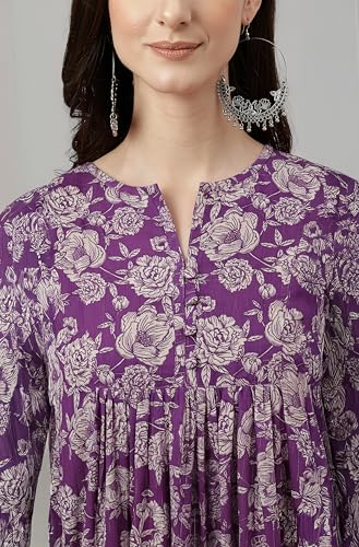 Image of Janasya Women's Chiffon Lurex Floral Printed A-line Kurta
