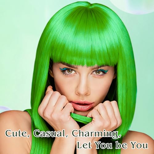 Image of PLULON Grass Green Bob Wig with Bangs, Short Straight Bob Wig with Heart Sunglasses 12 Inch Shoulder Length Heat Resistant Synthetic Hair for Women Natural Look Daily Cosplay Halloween Costume Party