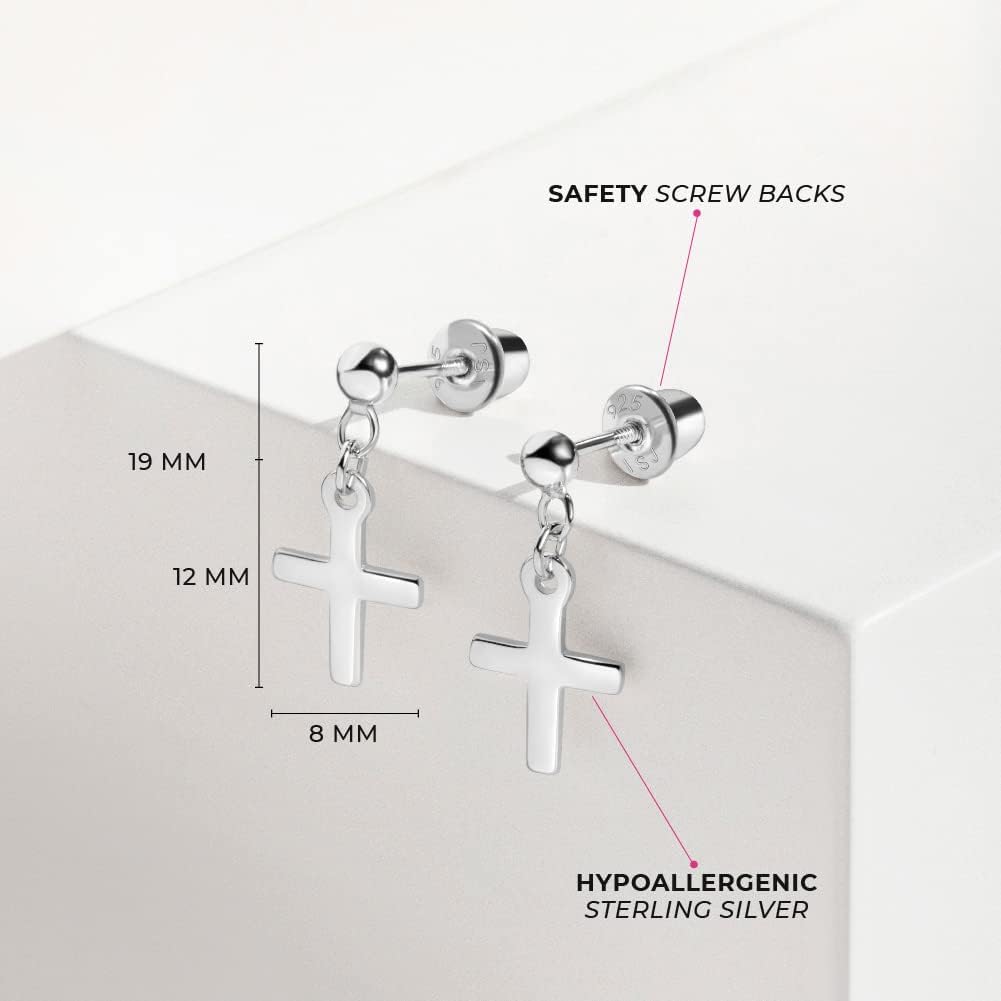 925 Sterling Silver Kids Small Cross Dangle Earrings with Locking Safety Screw Back for Young Girls & Preteens - Religious Earrings - Image 4