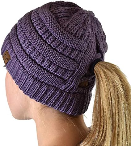 C.C BeanieTail Soft Stretch Cable Knit Messy High Bun Ponytail Beanie Hat, Criss Cross Violet