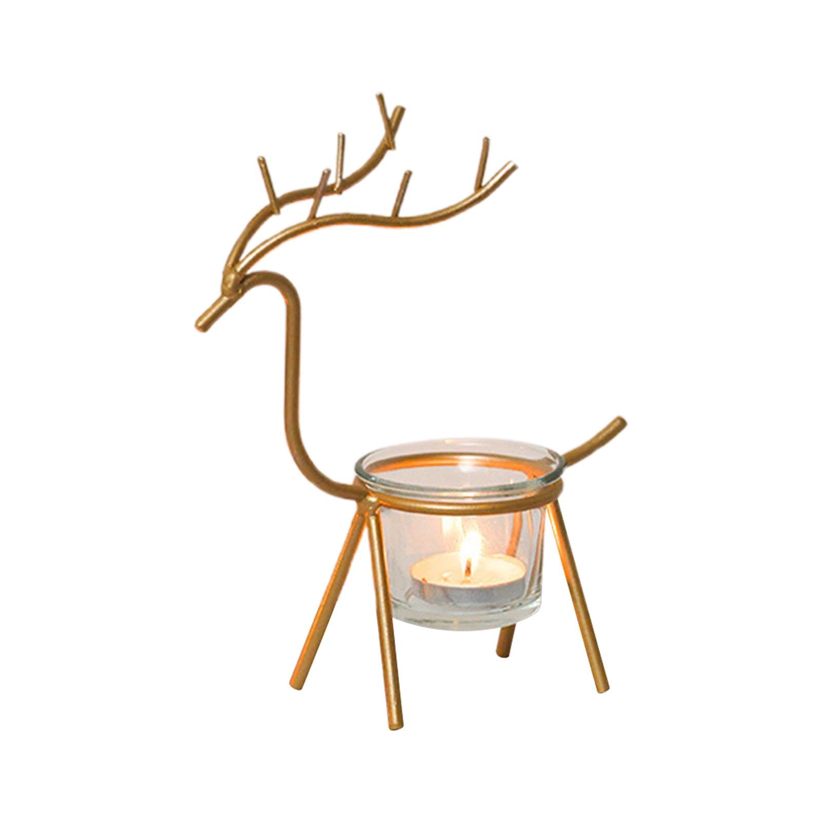 Portavelas estético, portavelas navideño, portavelas de ciervo dorado, candelabro de cena a la luz de las velas, decoración de mesa de Navidad, portavelas de reno de metal, 18 x 15,5 cm para el hogar