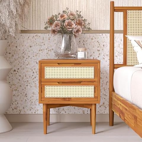 Bme Oliver Solid Wood Rattan Nightstand/Side Table/End Table, Fully Assembled, for Bohemian & Mid Century Style Bedroom and Living Room, Caramel Cover