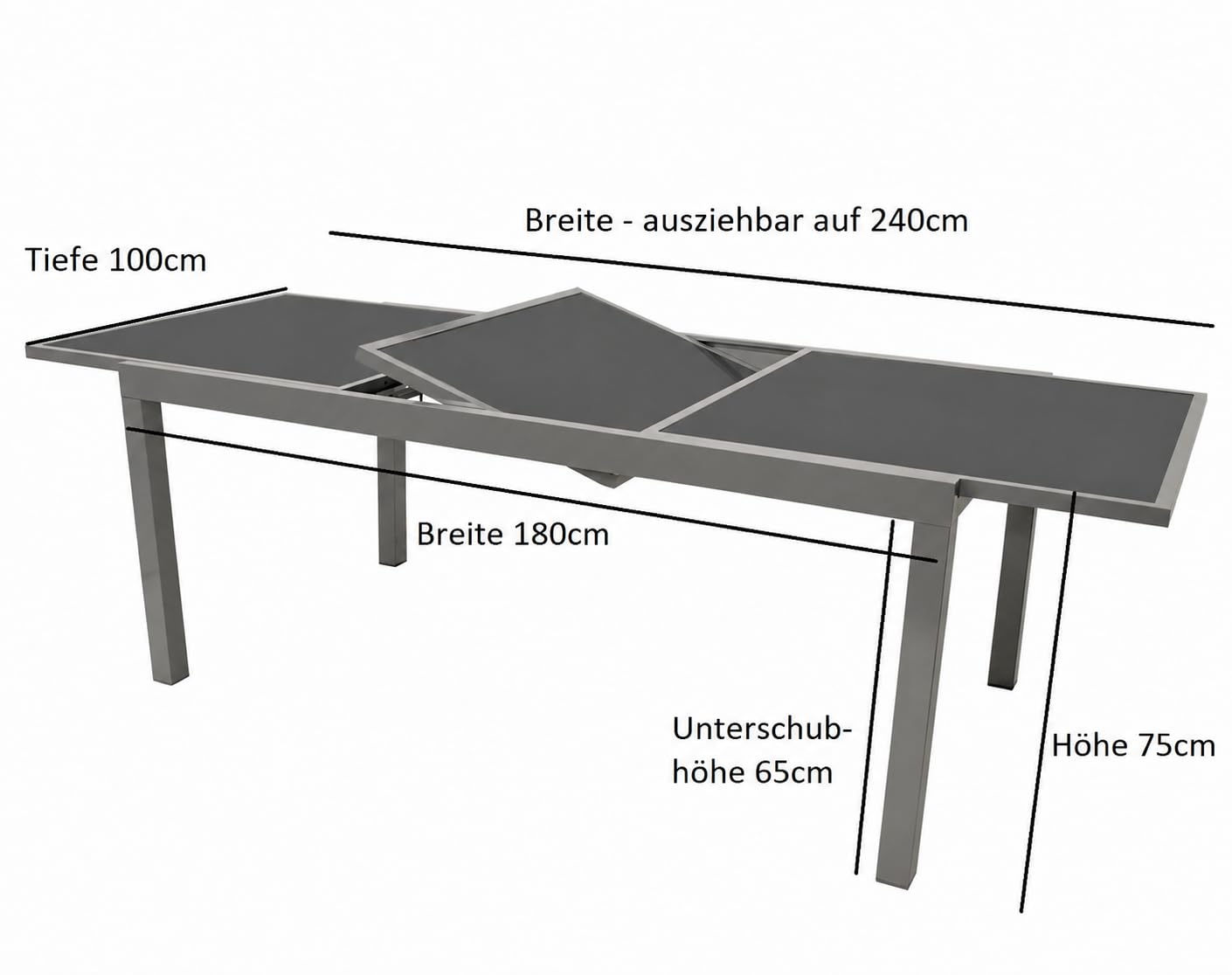 DEGAMO Garten Ausziehtisch PISA 180/240x100cm, Aluminium + Glas | Aluminium rostfrei silbergrau, Glas grau, rechteckig