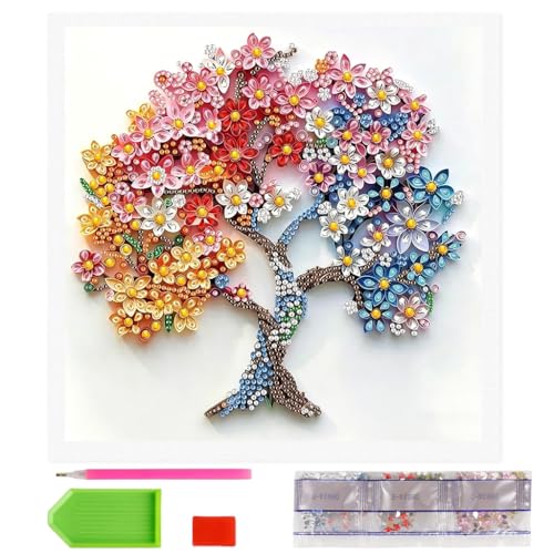 Image of HASTHIP 5D Diamond Painting Kit for Adults Kids Flower Tree Diamond Art Kit, 12x12inch DIY Full Drill Colorful Dots Gem Art Craft Kit for Adults with Pre-Printed Canvas & Tools for Home Wall Decor